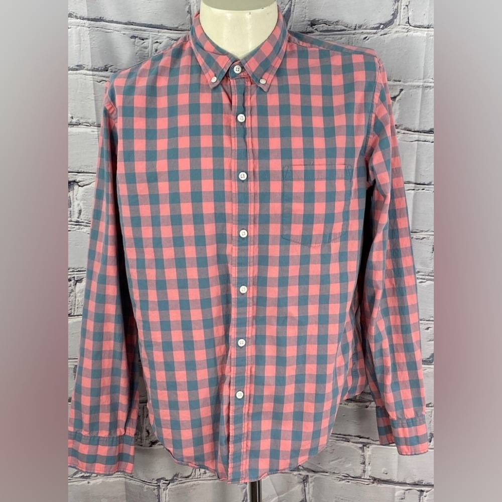 J Crew Men's Pink and Grey Checkered Shirt